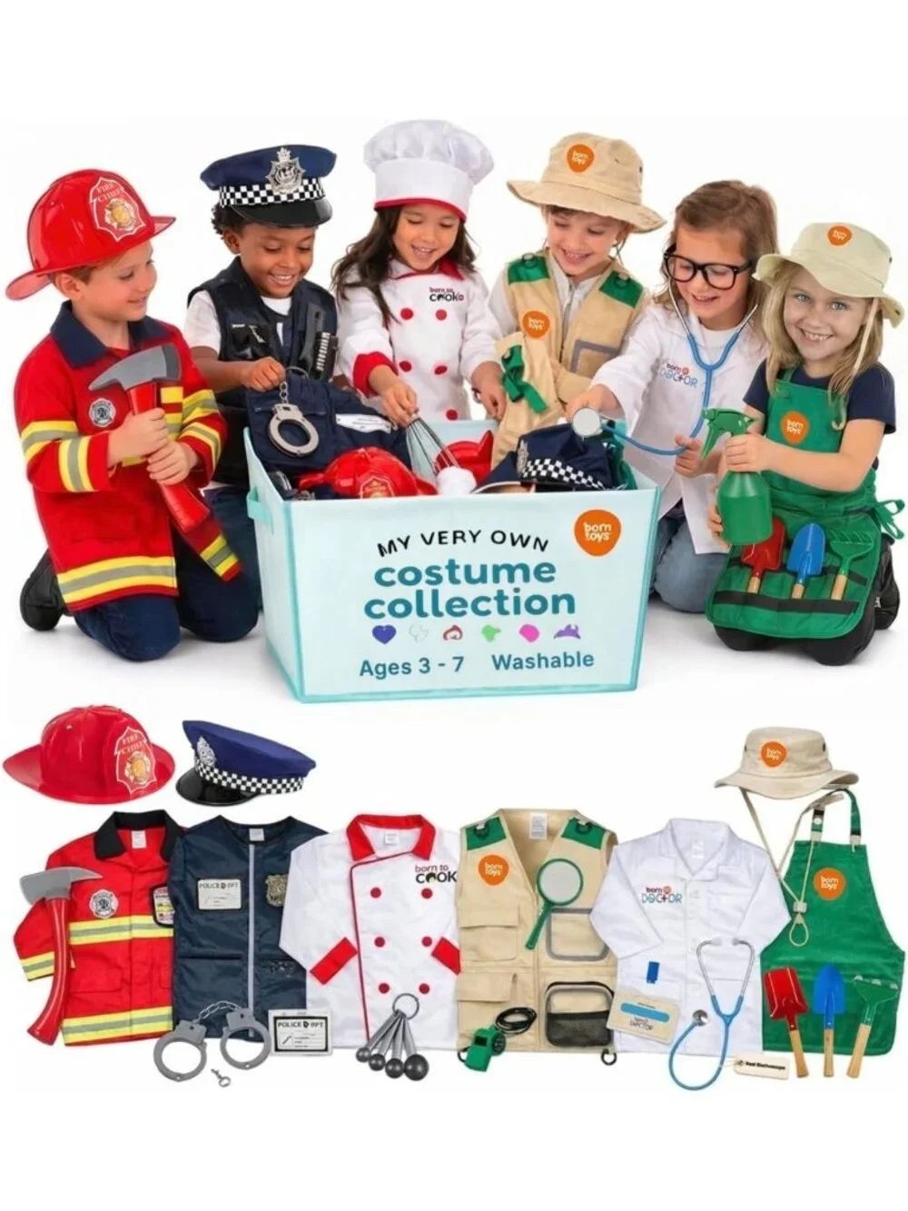 6-in-1 Toddler Dress Up Costumes for Boys & Girls, Police, Firefighter, Doctor